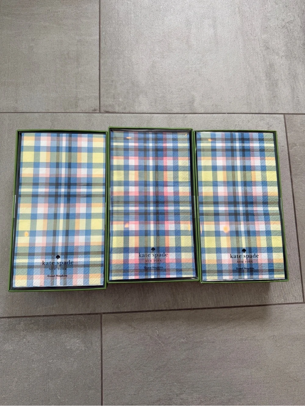 kate spade Guest Napkins w fun Plaid in Blue, Yellow, Pink - box of 40 each